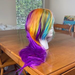 Long Layered Rainbow multi color wig purple blue orange Cosplay dancer costume